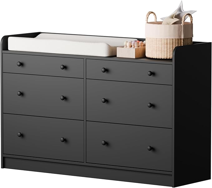 Cozy Castle Baby Dresser with 6 Drawers and Large Table Top, Multi-Functional Chest of Drawer, Drawer Dresser with Three-Sided High Rails for Nursery, Children's Room, Bedroom, Black