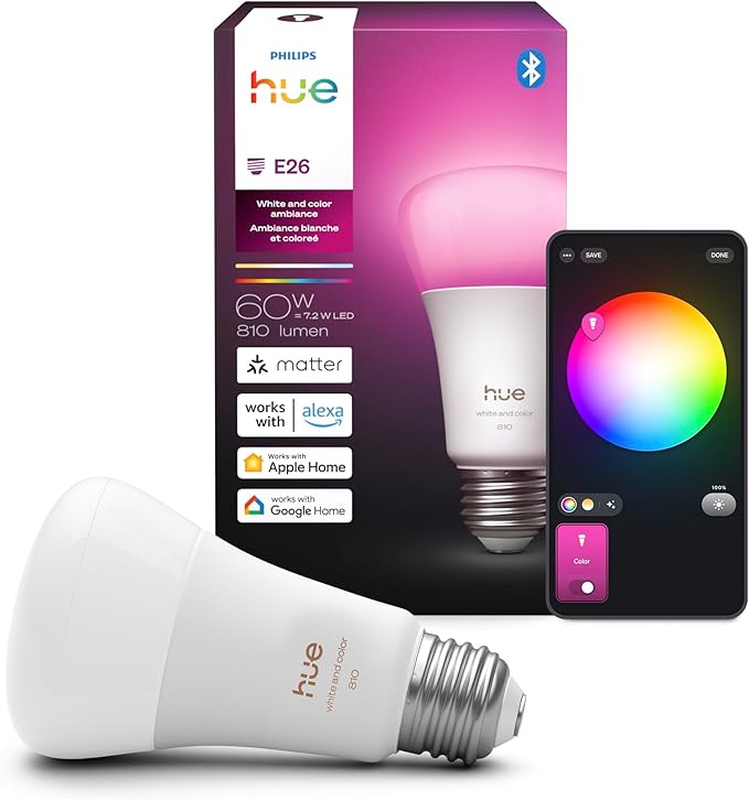 Philips Hue Smart LED A19 Bulb, White & Color Ambiance, E26 Base, 7.2W, Full Spectrum Light 1000K-20000K, 810 Lumens, Dimmable, Works with Alexa, Google, & Apple Home,1pk