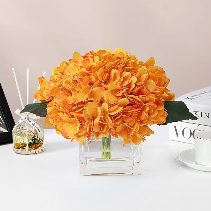Silk Hydrangea Artificial Flowers in Vase with Faux Water, Silk Flower Arrangements in Vase for Wedding, Dining Table, Living Room (Orange)