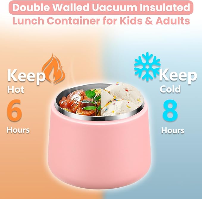 14oz Insulated Vacuum Food Jar with Buckle Lid,Soup Thermo for Hot Food Kids,Wide Mouth Leakproof Stainless Steel Lunch Container with Spoon-Pink