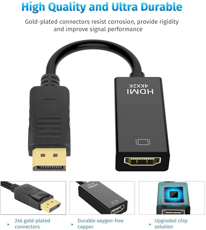 QLKUNLA DisplayPort to HDMI Adapter, Uni-Directional DP to HDMI 4K Screen Gold-Plated DP Display Port to HDMI Adapter Compatible with Dell, Lenovo, HP, GPU, AMD -Grey 2-Pack