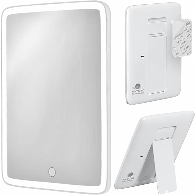 Mavoro 7x9 LED Lighted Rechargeable Travel Mirror | Small Wall Adhesive Mirror | Peel and Stick Wall Mount Lighted Travel Mirror | Real Glass Touch Sensor Vanity Mirror with Stand