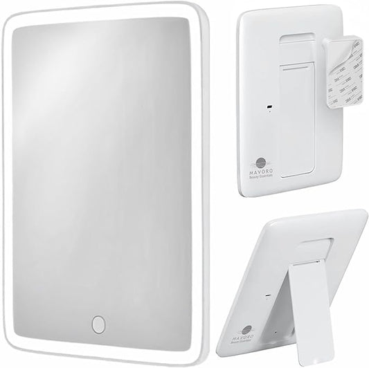 Mavoro 7x9 LED Lighted Rechargeable Travel Mirror | Small Wall Adhesive Mirror | Peel and Stick Wall Mount Lighted Travel Mirror | Real Glass Touch Sensor Vanity Mirror with Stand