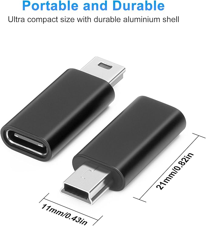 USB C to Mini USB Adapter (2 Pack), USB-C Female to Mini USB Male Adapter, Aluminum Alloy Data Adapter, Compatible with Laptops/Tablets, Flash Drive, MP3 Players, Digital Cameras etc, Black