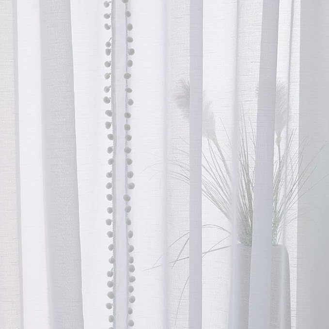Treatmentex Pompom Sheer White Curtains for Living Room Kid's Room 72" Window Voile Drapes Slub Linen Texture Bedroom Curtains 2 Pack Rod Pocket