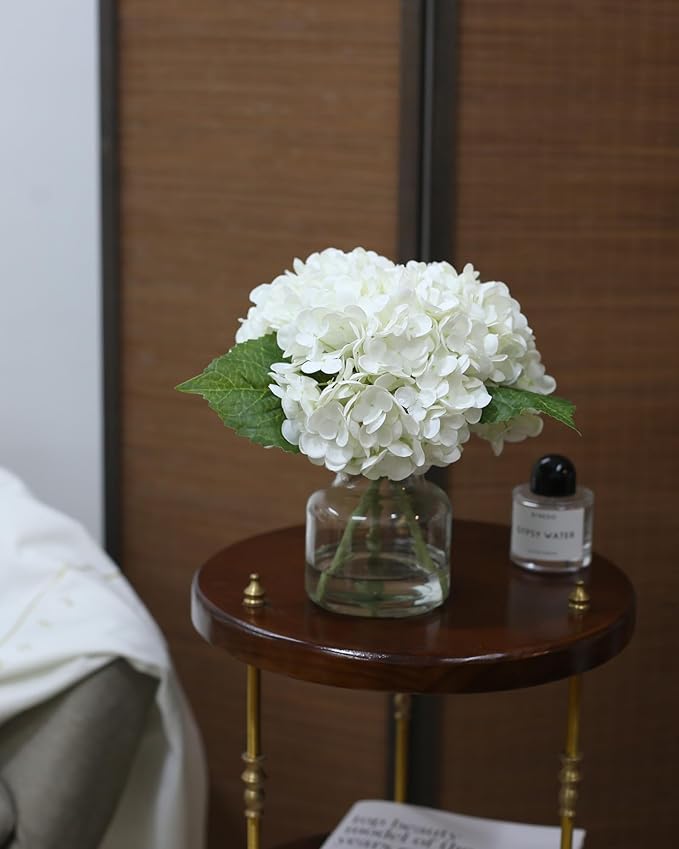 Real Touch Artificial Flowers Whith White Hydrangea in Vase for Home Decoration, Fake Flowers Centerpieces for Tables, Lifelike Fake Hydrangea in Vase for Bathroom, Office and Water Bar