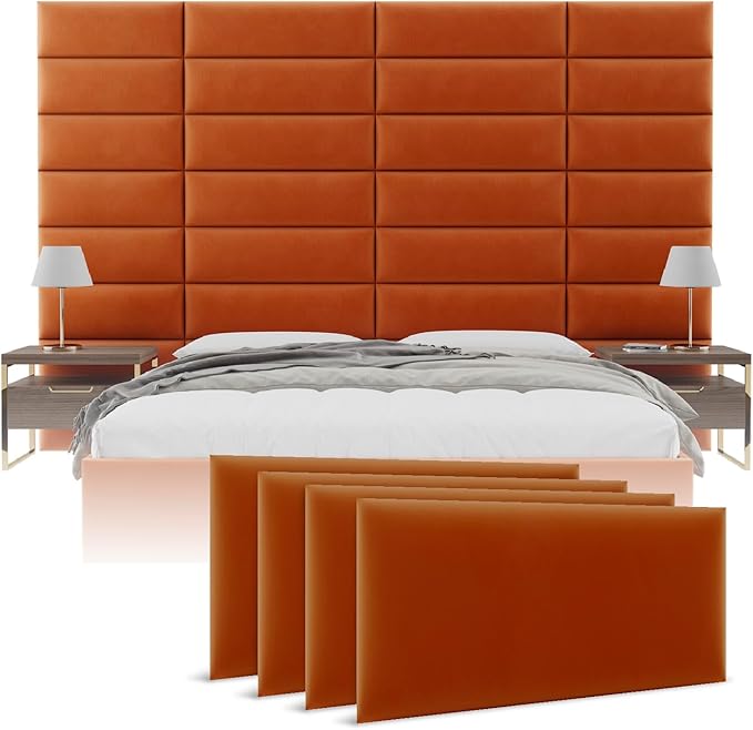 Vänt Upholstered Wall Panels - Queen/Full Size Wall Mounted Velvet Headboards - Velvet Rust - Set of 4 Panels (Each Individual Panel 30"x11.5")