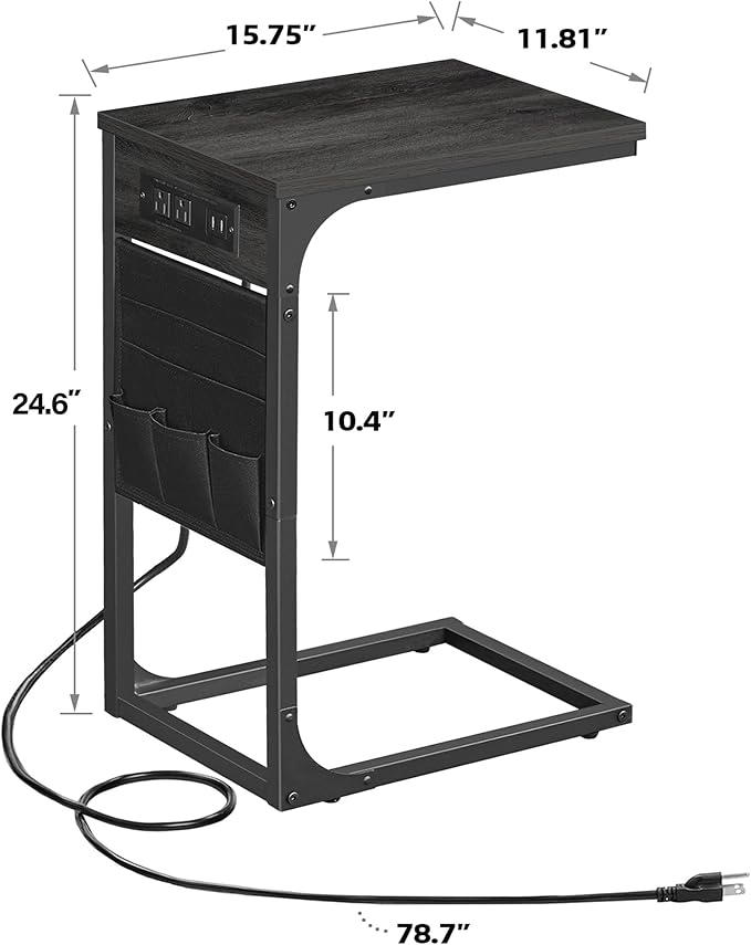 TUTOTAK C Shaped End Table with Charging Station, Side Table for Sofa, Couch Table with Storage Bag, TV Tray Table with 2 USB Ports and Outlets for Living Room, Bedroom, TB01BY024