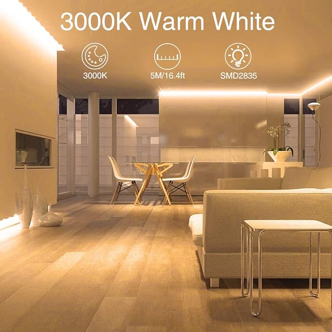 Warm LED Strip Lights,Onforu16.4ft Dimmable Strip Lighting,3000K 5m 12v Tape Light, 2835 LEDs Flexible Warm White Rope Light for Home,Kitchen,Under Cabinet,Bedroom, Christmas Decor, Non-Waterproof