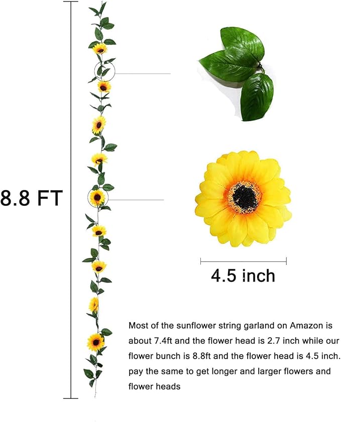 2 Pack 8.8FT Artificial Sunflower Garland with 100 LED Fairy String Lights,Fake Vines Faux Sunflowers Hanging Garland Silk Flowers Hanging Plant for Indoor,Outdoor,Wedding,Wall,Birthday Party