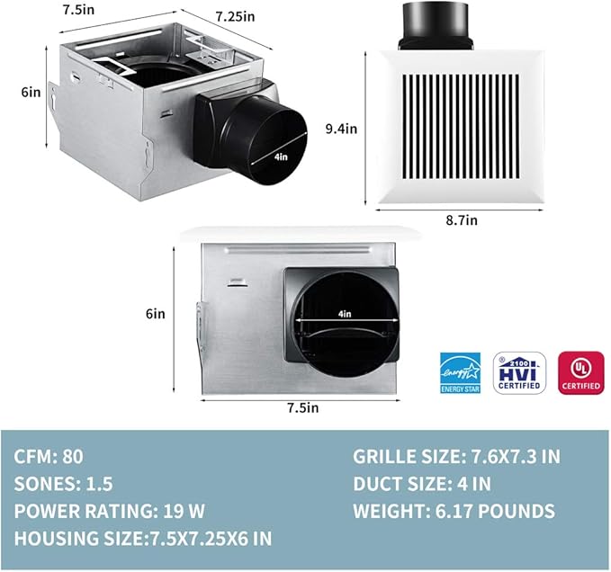 Tech Drive Very Quiet 80 CFM, 1.5 Sone No Attic access Needed Installation Bathroom Ventilation and Exhaust Fan with Humidity sensor
