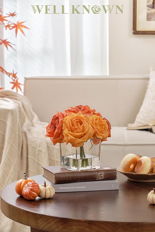 WELL KNOWN Rose Artificial Flowers in Vase with Faux Water, Silk Rose Table Centerpieces for Home Coffee Table Decor, Fake Roses Flower Arrangements for Office Hotel Lavatory Decor (Burnt Orange)