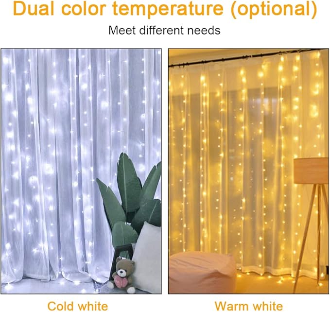 Vicloon Fairy Curtain Lights,300 LED White Curtain Lights,8 Modes 9.8×9.8Ft Waterproof Window Curtain String Light USB&Battery Powered with Remote Control,String Lights Curtain for Indoor,Outdoor