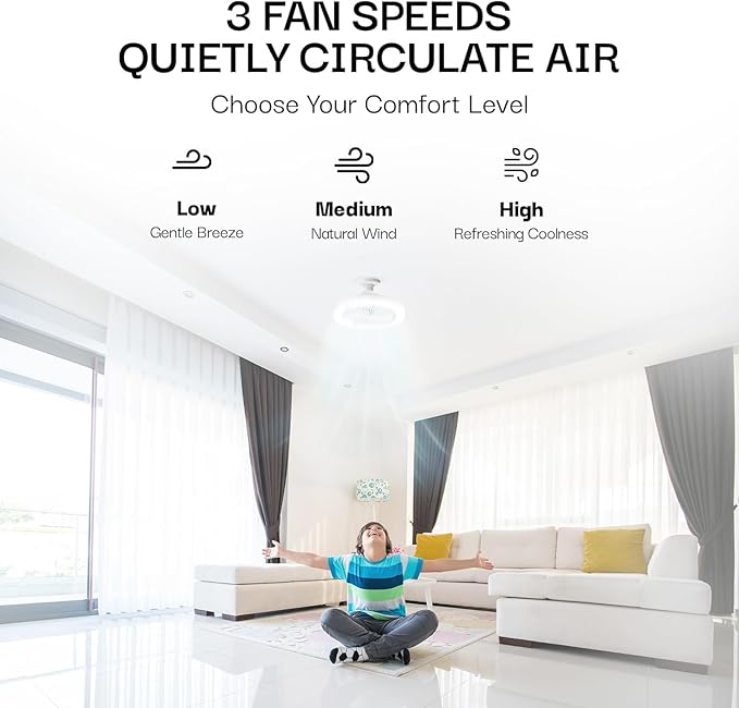 Bell+Howell SocketAir Wireless Ceiling Fan Light with Remote Control, Extender,110-120 Volt, 2100 Lumens, 3 Fan Speeds, 3 Light Settings, 6500K for Living, Dining, Working Space ASON TV
