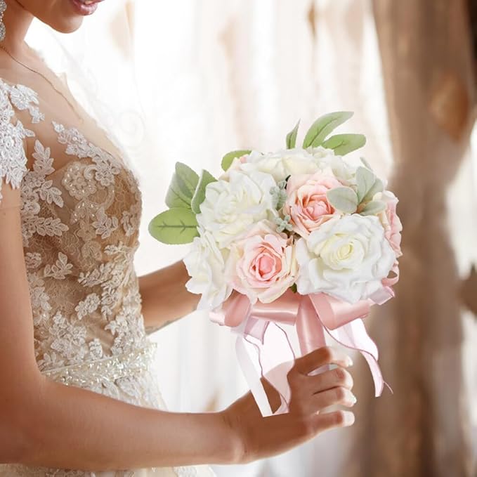 Artificial Rose Wedding Bouquet - Ribbon Decor for Bride & Bridesmaid