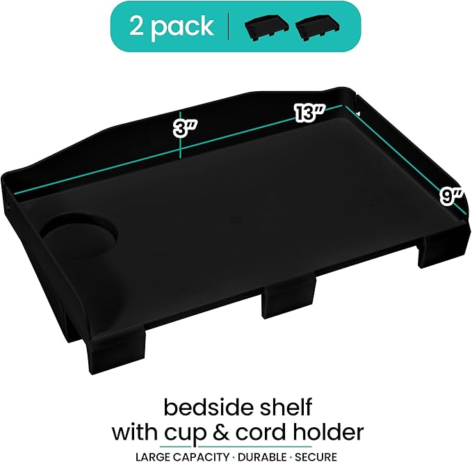 Modern Innovations 2 Count Bedside Organizer for Bed – Clip On Tray with Cup & Cord Holder – for College Dorm, Top Bunk, or Kids Bedroom (Black)