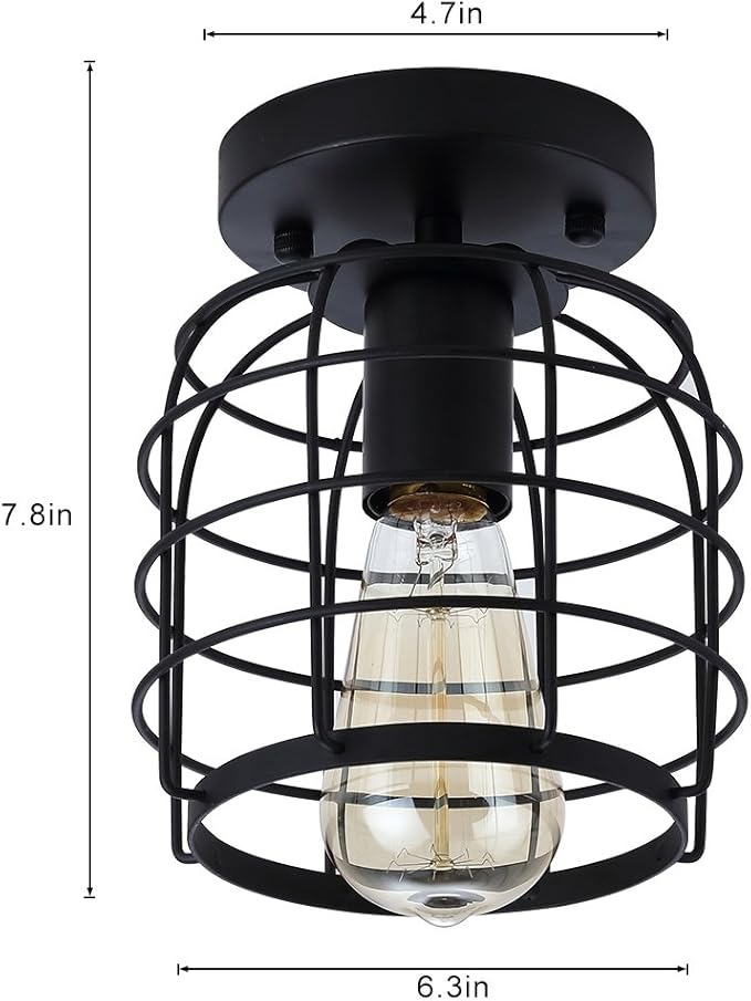 Create For Life® Industrial Vintage Flush Mount Ceiling Light,Rustic Metal Cage Pendant Lighting Lamp Fixture for Hallway Stairway Kitchen Garage, E26, Black Painting Finish