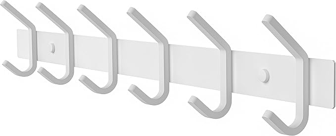 White Coat Rack Wall Mount – 17 Inch Stainless Steel Hook Rail with 6 Heavy Duty Double Coat Hooks – Wall Mounted Coat Hanger for Entryway, Bathroom, Bedroom, Towel, Hat Organizer