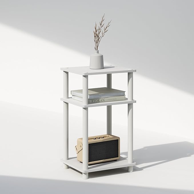 Furinno JUST Side Table, 3-Tier End Table, Open Shelves Night Stand, Bedside Table, Toolless Assembly, for Living Room, Bedroom, Bathroom, White