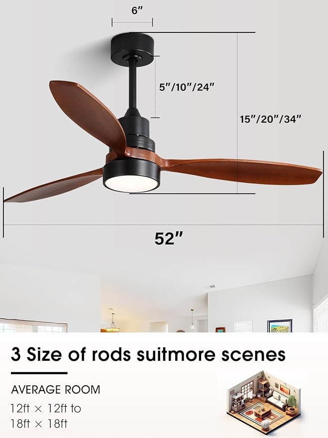 Sofucor Ceiling Fan with Lights, 52 Inch Mordern Wood Ceiling Fan with Remote for Indoor Farmhouse Bedroom Living Room Outdoor Patio Porch, Reversible DC Motor, Noiseless