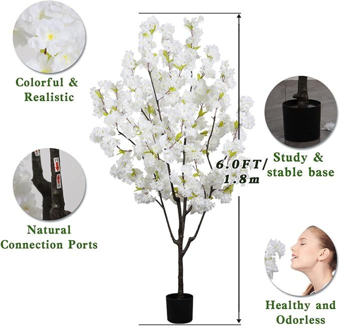 Indoor Cherry Blossoms Tree White Artificial Cherry Blossom Tree 6FT Faux Bedroom Trees for Home Decor