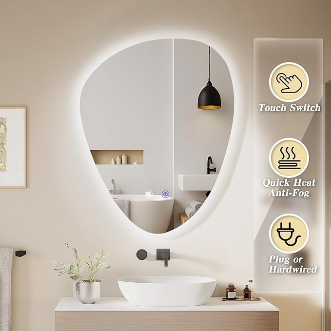 QDSSDECO Irregular LED Bathroom Mirror with Lights,Asymmetrical Led Bathroom Vanity Mirror for Wall with Front and Backlit, Anti Fog, 3 Colors and Dimmable Light, 22" x 28"