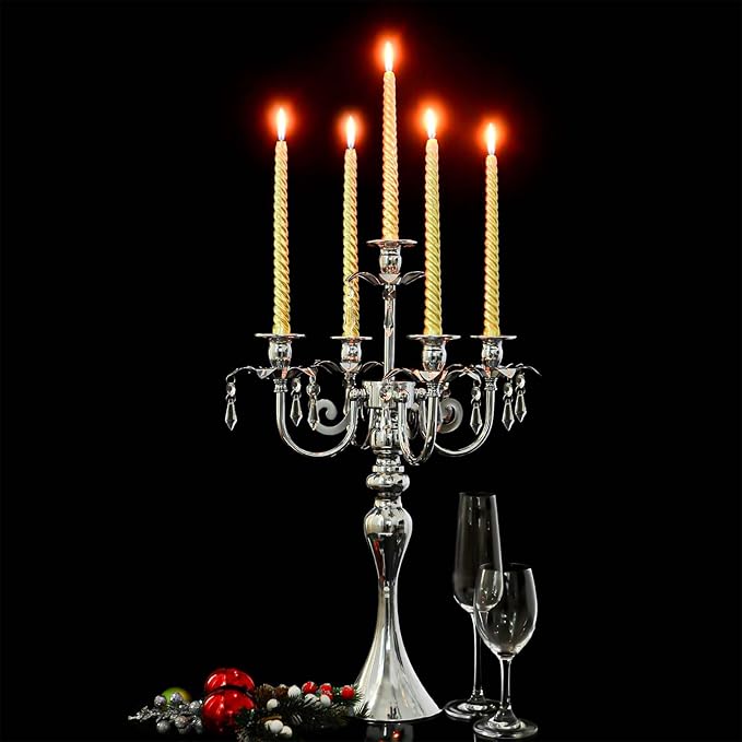 20.3'' Tall 5 Arm Silver Metal Candelabra Centerpiece for Table, Retro Table Centerpieces for Party, Events, Home, Wedding Decor (4)