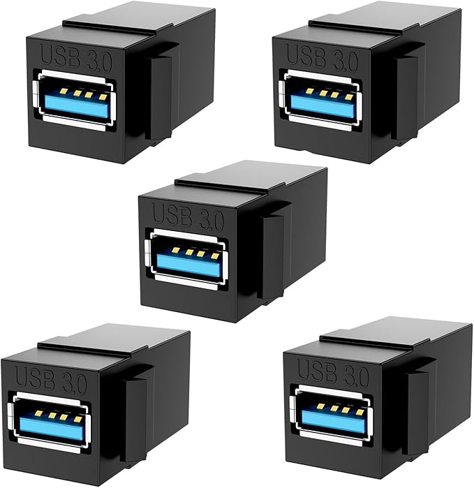 PANPEO USB 3.0 Keystone Jack Insert – Female to Female Coupler for Wall Plates & Panels (Black, 5 Pack)