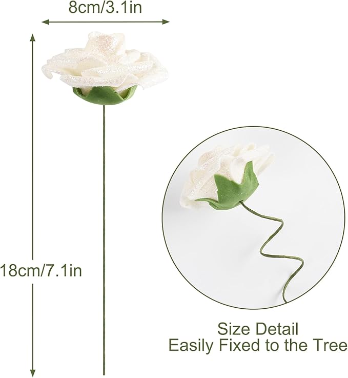 MACTING 30PCS Artificial Glitter Roses Real Looking Fake Flowers with Stem White Foam Roses for Wedding Bouquet Centerpieces Party Wreath Home Easter Spring Mothers Day Decorations