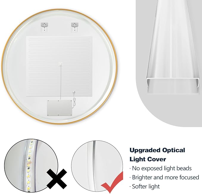 Niccy Round Led Mirror for Bathroom, 40" Backlit Mirror for Wall Circle Lighted Mirror with Gold Frame Anti-Fog, 3 Colors, HD Glass and IP65 Waterproof
