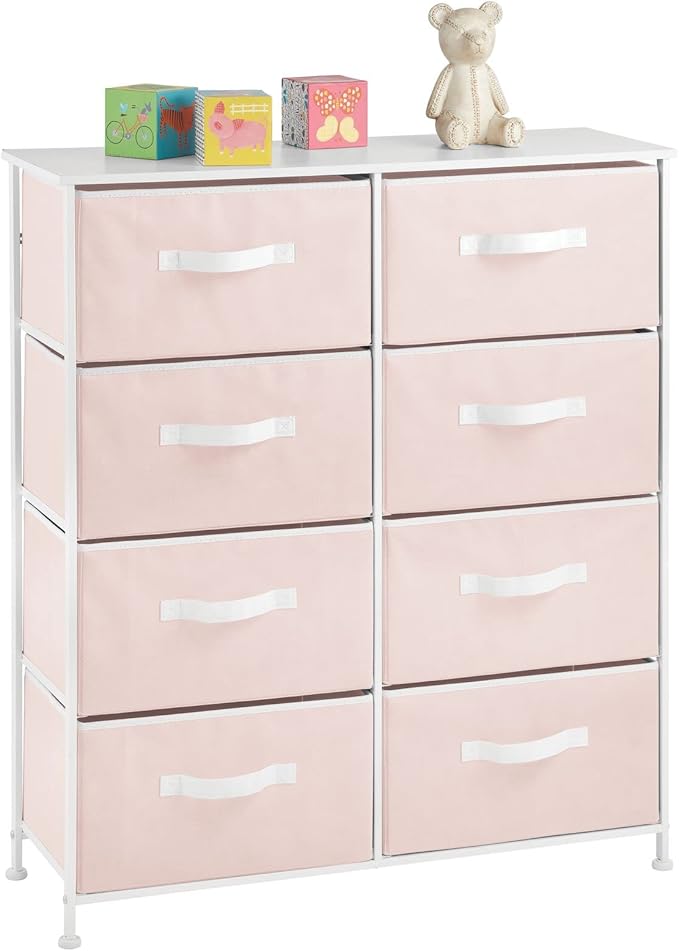 mDesign 38.31" High Steel Frame/Wood Top Storage Dresser Furniture, 8 Fabric Drawers, Large Bureau Organizer for Baby, Kid, Teen Bedroom, Nursery, Playroom, Dorm, Jane Collection, Pink/White