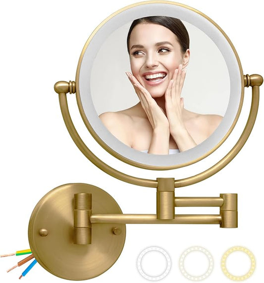 Wall Mounted Makeup Mirror with Light and Magnification, 7W Higher Brightness and Dimmable 1X/10X Double Sided Wall Magnified Mirror, Extending Vanity Mirror for Bathroom, Antique Brass Direct Wire