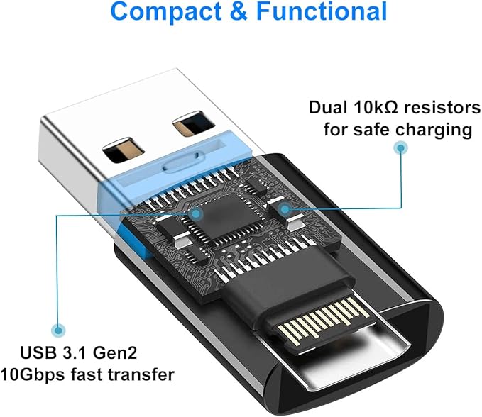 USB to USB C Adapter, USB C Female to USB 3.1 Male Adapter 10Gbps Compatible with iPhone 17 16 15 14 13 12, Samsung Galaxy S25 S24 S23 S22 S21, MacBook, PC, Laptop (Black)