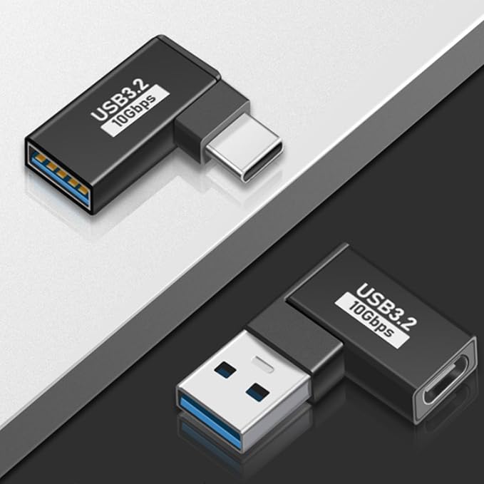 USB-A to USB-C Adapter (2-Pack), USB 3.2 for Charging, Data Transfer & OTG Aluminum 90 Degree Right Angle Conversion - Black