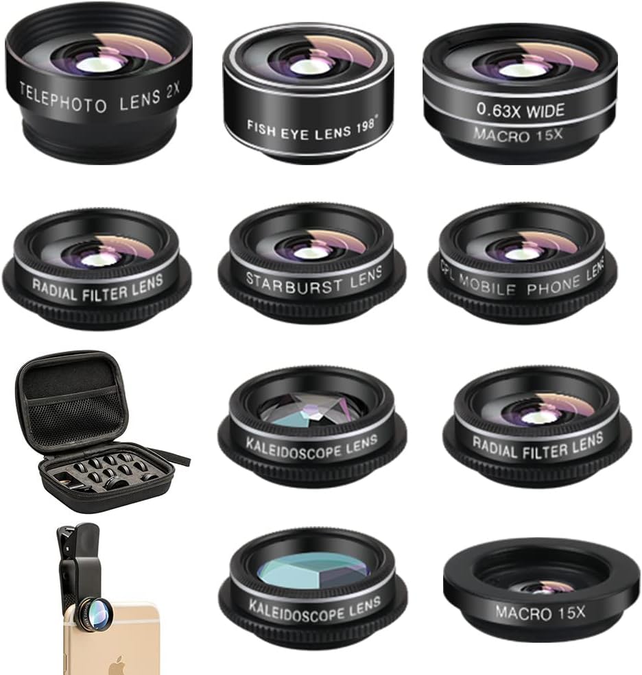 Phone Camera Lens Kit (11 Lenses), Clip on Fisheye/Macro/Wide Angle Lens Attachment with Travel Case for iPhone &