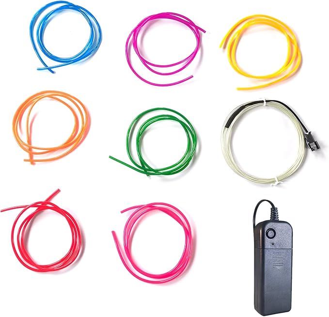 MaxLax EL Wire DIY Mutilcolor, 9.8ft/3m Portable Battery Pack Neon Lights Strip 360° Cuttable Glowing Rope Lights for Parties, Halloween