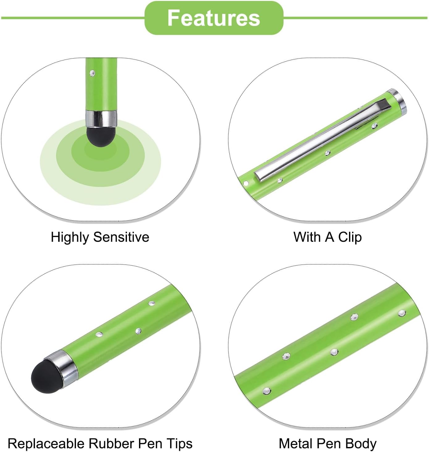 MECCANIXITY 10pcs Glitter Rhinestone Stylus Pens for Touch Screens, Universal Metal Capacitive Pen in Green