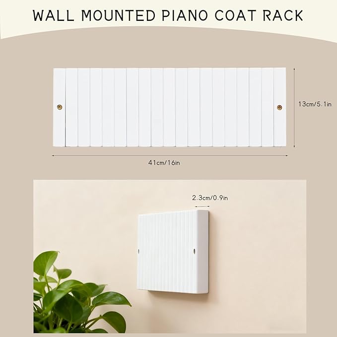 Coat & Hat Hooks Wall Mount with Key Holder, Wall Mounted Coat Rack with 9 Retractable Hangers, Solid Wood Slim Key Holder for Entryway Decor, 17in Natural Finish