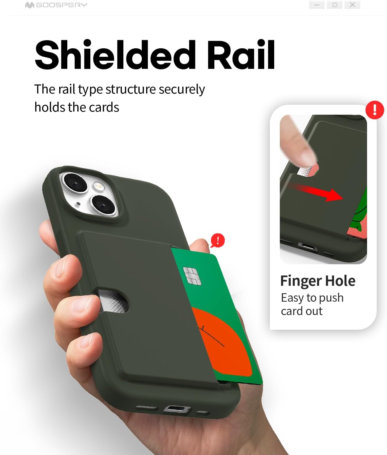 GOOSPERY Rail 2 Card Case Wallet for iPhone 15, Light Silicone + Soft Protection, Dark Green