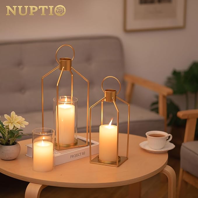 NUPTIO Gold Lanterns Decorative Indoor: Set of 2 Hanging Metal Pillar Candle Lantern with Bottomless Hurricane Glass for Wedding Home Front Porch Outdoor Fireplace Christmas Table Centerpiece