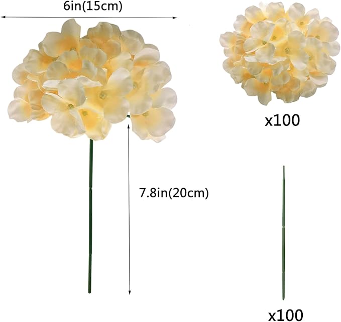 100PCS Artificial Hydrangea Flowers, Fake Flowers Silk Hydrangea Full Flowers Heads with Stems for Wedding Home Party Shop Baby Shower Decor (Light Champagne)
