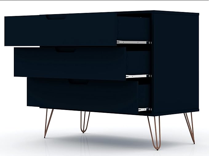 Manhattan Comfort Rockefeller 3 Drawer Dresser for Bedroom Storage, Nursery, Closet, Living Room, Entryway, TV Stand for Screens up to 32 Inches, Anti-Tip Kit Included, Set of 2, Midnight Blue