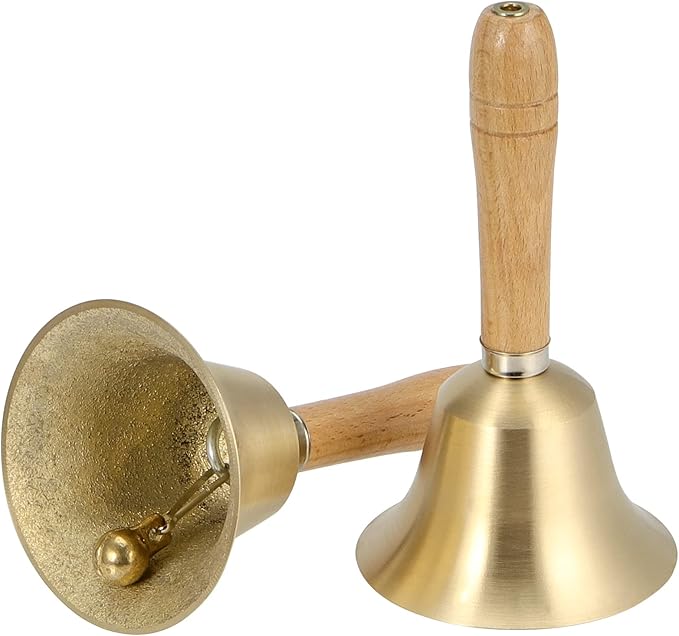 SINJEUN 4 PCS 6 Inch Brass Hand Bell, Solid Brass Hand Call Bells with Wooden Handle, Loud Ringing Bell Restaurant Call Service Bell for Christmas, School, Home, Restaurant, Bride Wedding