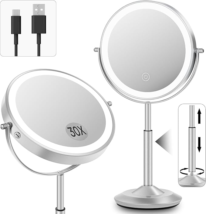 Makeup Mirror with Lights, 1X/30X Lighted Magnifying Mirror Height Adjustable, 3000mAh Rechargeable Double Sided Vanity Mirrors with 3 LED Lighting and Adjustable Brightness for Desk Women Gift