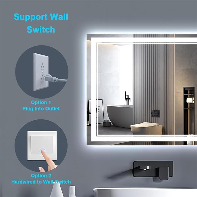 24x32 Inch LED Mirrors for Bathroom, Threefold Brightness 2 Front Lights + 1 Back Lit Mirrors for Bathroom Wall Restroom with Anti-Fog, 3Colors Stepless Adjusted, Safer Tempered Glass, Memory Function