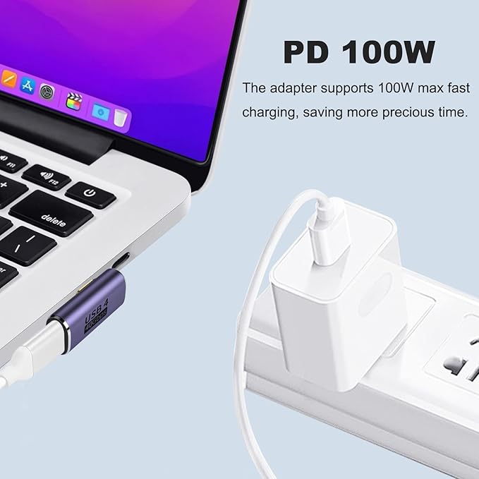 AreMe 2 Pack USB C Male to Female Adapter, 90 Degree Right Angle Type C Extender Support 100W, 40Gbps, 8K@60Hz for Thunderbolt 4/3, MacBook Pro/Air, Laptop, Phones and More Type C Devices (Purple)