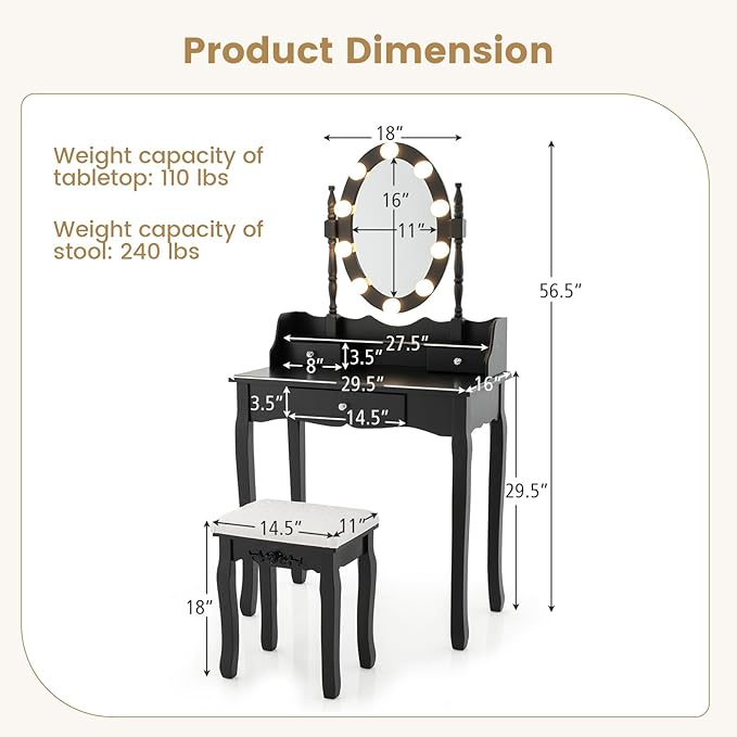 CHARMAID Girls Makeup Vanity Desk with Lights, Vanity Table with Lighted Mirror, 3 Lighting Modes, Adjustable Brightness, Modern Makeup Table with 3 Drawers and Stool for Small Space (Black)
