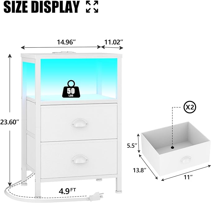 Furologee Nightstands Set of 2, End Tables Set of 2 with Charging Station and LED Lights, White Night Stands with 2 Fabric Drawers, Bedside Tables for Living Room/Bedroom
