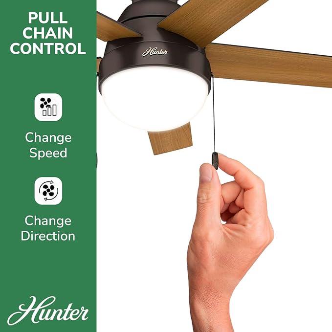 Hunter 59268 Anslee Indoor Low Profile Ceiling Fan with LED Light and Pull Chain Control, 46", Brown