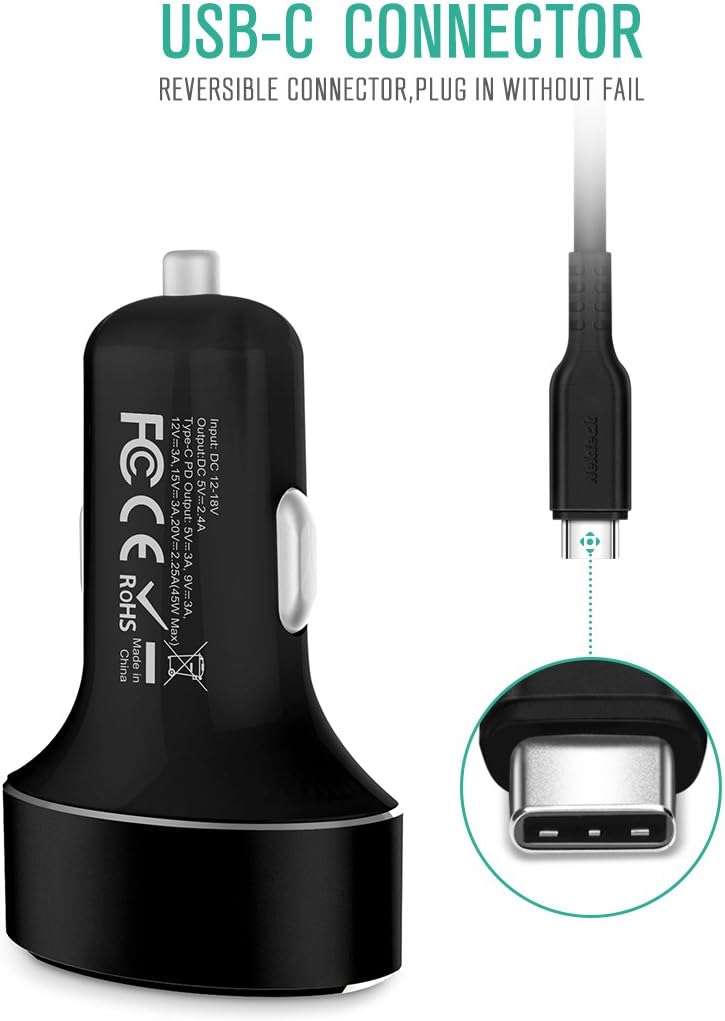 Nekteck Type C Car Charger with 45W Power Delivery, 12W A Port, 3.3ft Cable for iPhone, iPad, MacBook, Galaxy